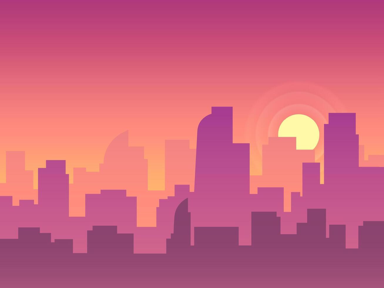 Purple and orange gradient sunset over a modern city skyline with skyscrapers and office buildings creating a vibrant and colorful urban landscape vector