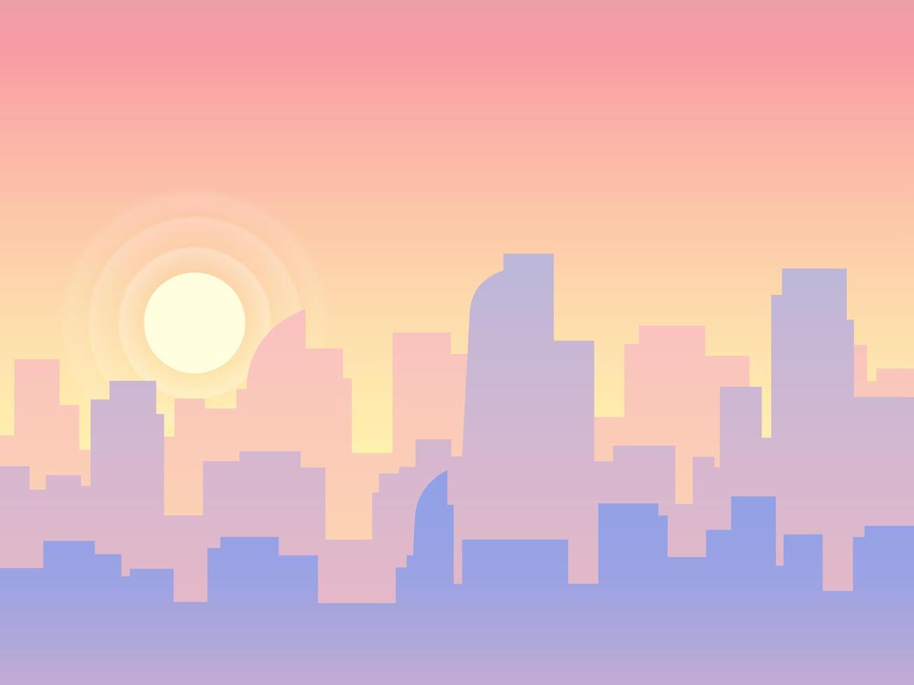 Urban skyline with skyscrapers and office buildings at sunrise, creating a colorful and modern cityscape with a beautiful gradient from pink to violet vector