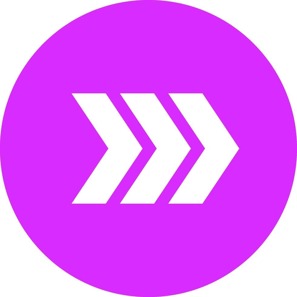 Minimalist illustration featuring three white arrows pointing right, symbolizing progress, direction, and forward movement within a vibrant purple circular backdrop vector
