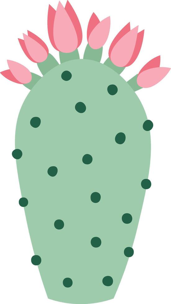 Light green cactus featuring dark green dots and vibrant pink flowers blooming on top, presented as a simple illustration against a clean white background vector