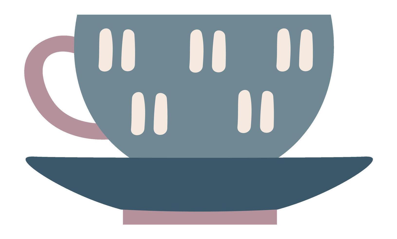 Stylish grey teacup with a pink handle sits gracefully on a matching saucer, showcasing a minimalist design with subtle white vertical dashes, perfect for a modern aesthetic vector