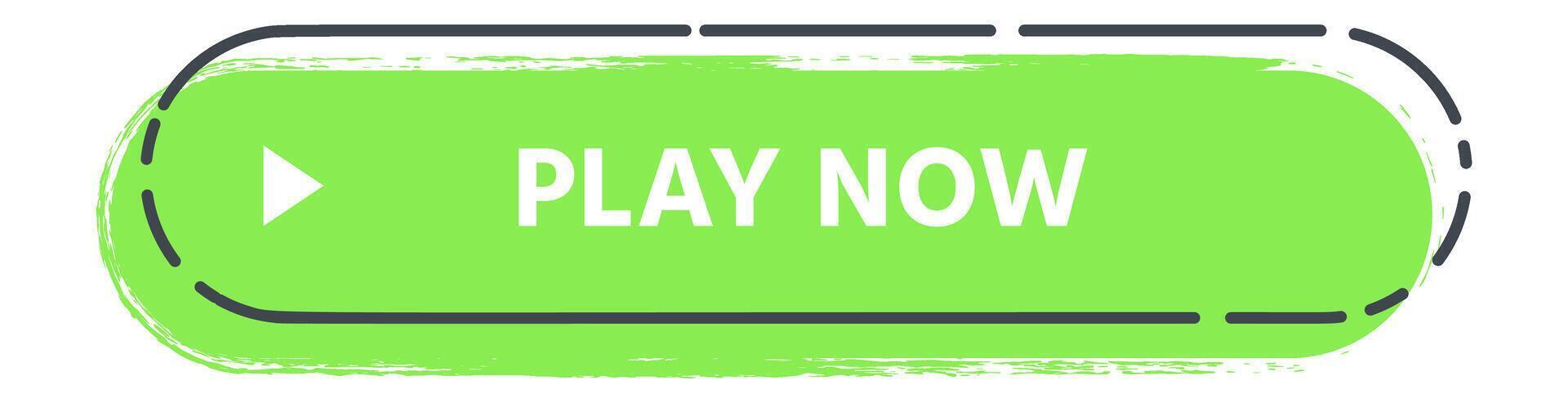 Green rounded rectangle featuring a white play symbol and play now text set against a light green brush stroke background with a double rounded border vector