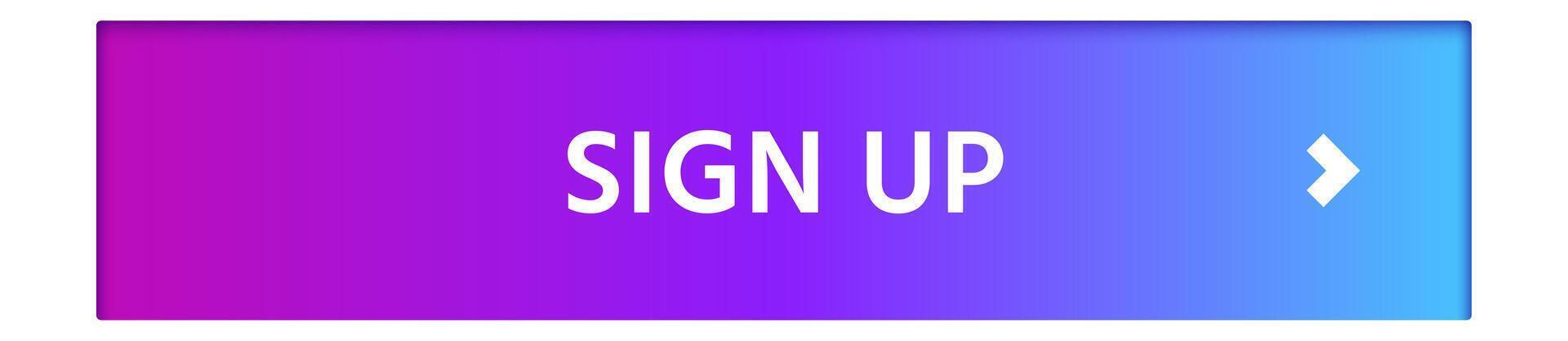 Rectangular button with rounded corners displaying sign up in white over a purple to blue gradient background, featuring a white arrow pointing right vector