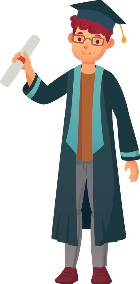 Young graduate student celebrating graduation holding a diploma, wearing an academic gown, graduation cap and glasses, cartoon illustration isolated on white background vector