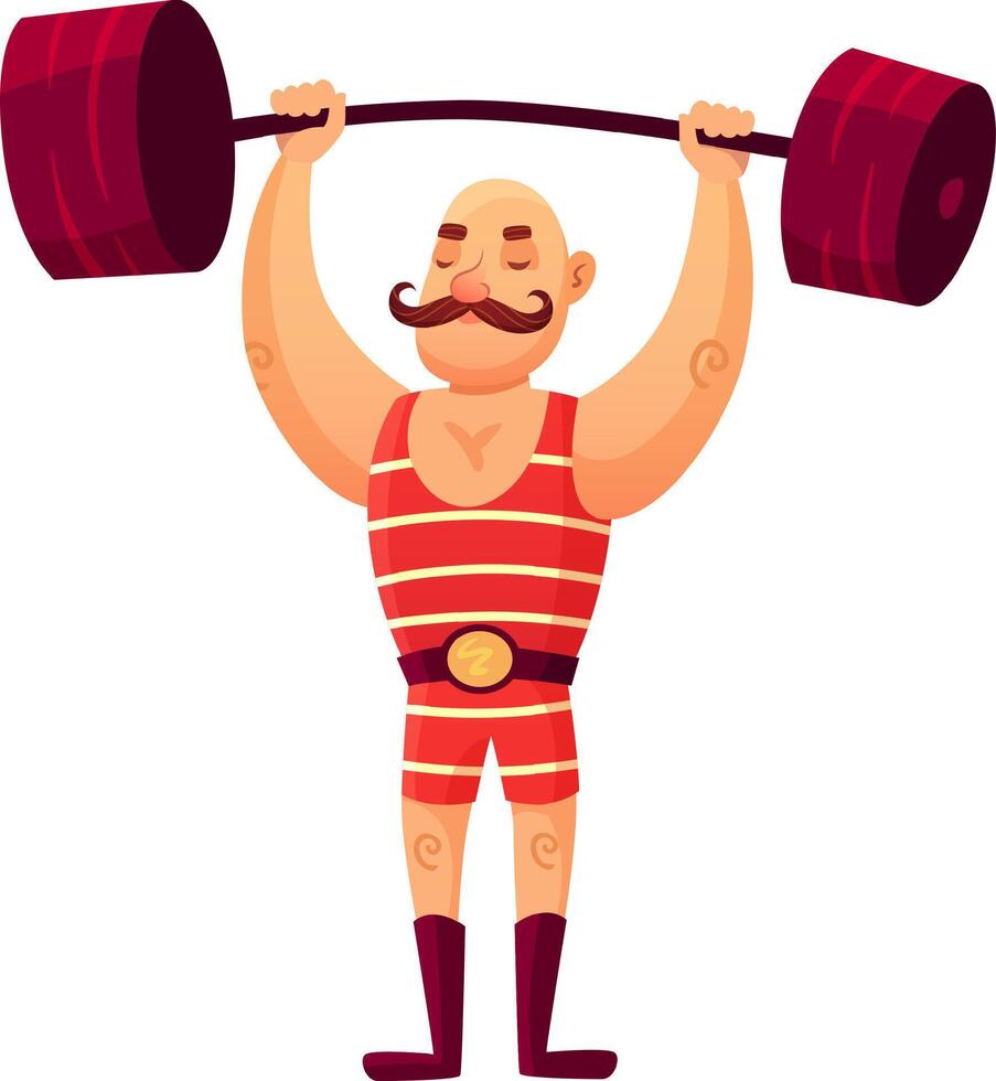 Circus strongman with a prominent mustache lifting a heavy barbell during a thrilling show, showcasing incredible strength while delighting and entertaining the captivated audience vector