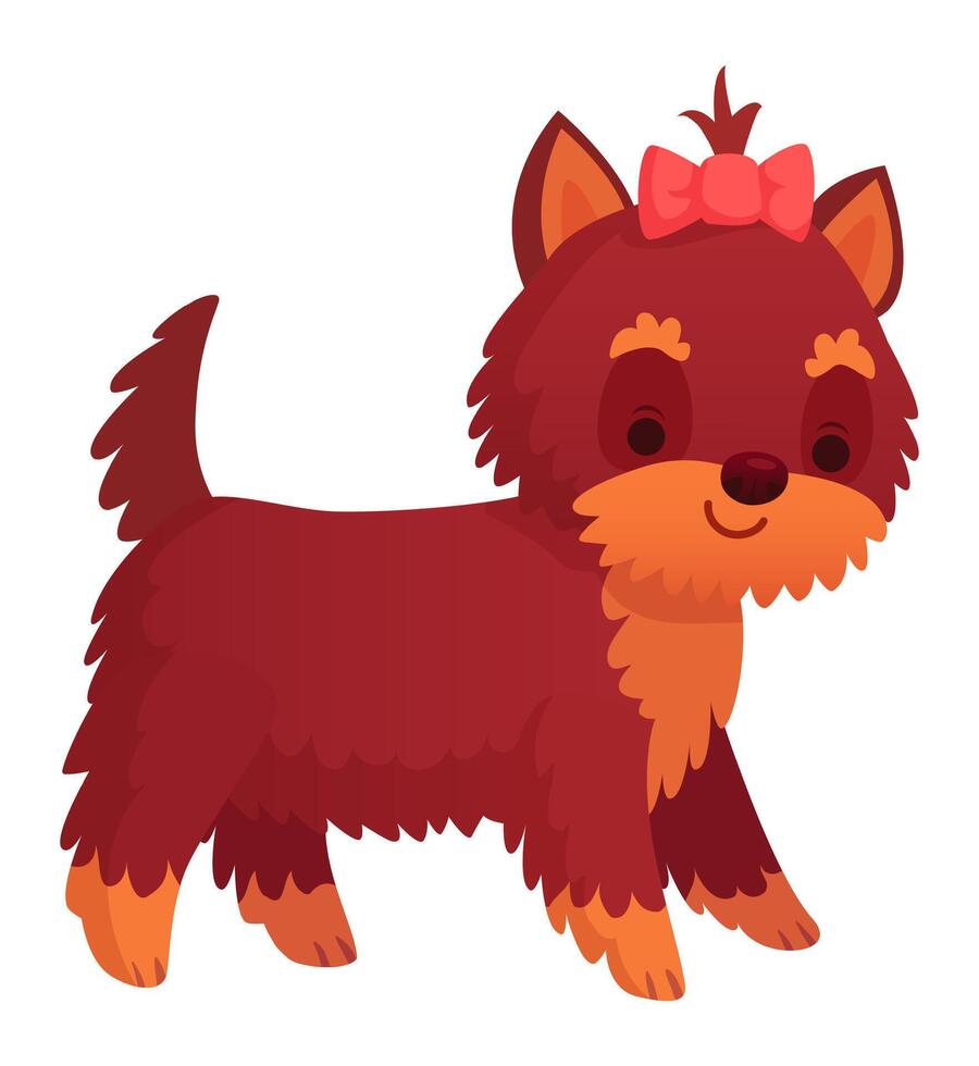 Adorable Yorkshire Terrier puppy walking happily with a stylish pink bow, showcasing its fluffy fur and charming personality, perfect for pet lovers and children's illustrations vector