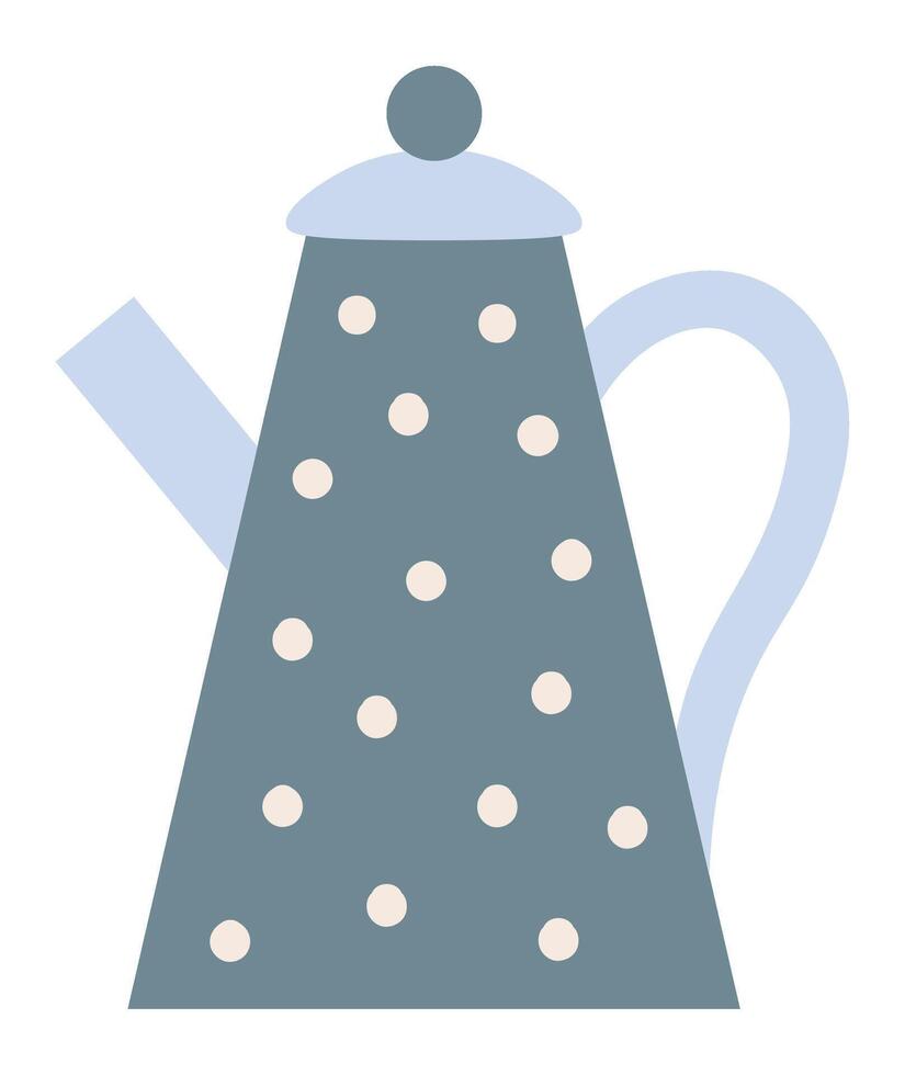 Blue kettle adorned with playful white polka dots pouring hot water, infusing a whimsical charm into the daily rituals of tea and coffee preparation, creating a cozy kitchen atmosphere vector