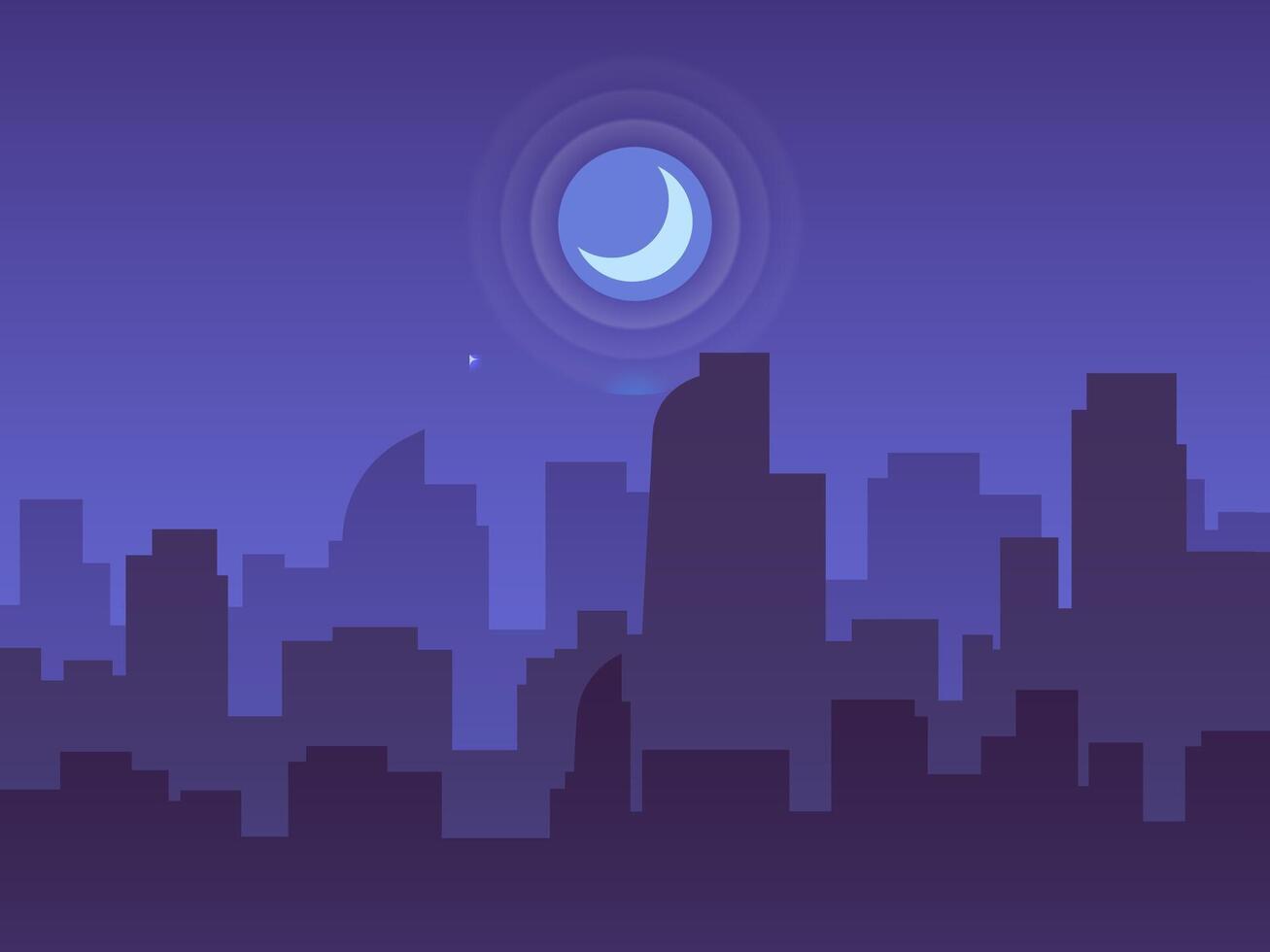 Stylized cityscape silhouette with skyscrapers and office buildings under a big crescent moon at night, creating a peaceful and quiet urban atmosphere vector