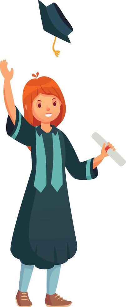 Happy graduating student wearing gown and holding diploma, throwing graduation cap in the air, celebrating academic achievement and successful completion of studies vector