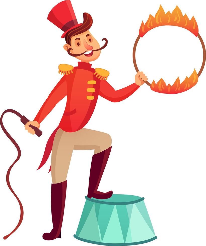Cheerful ringmaster with mustache wearing red jacket and top hat holding a flaming hoop and whip, standing on a small circus pedestal, presenting a show vector