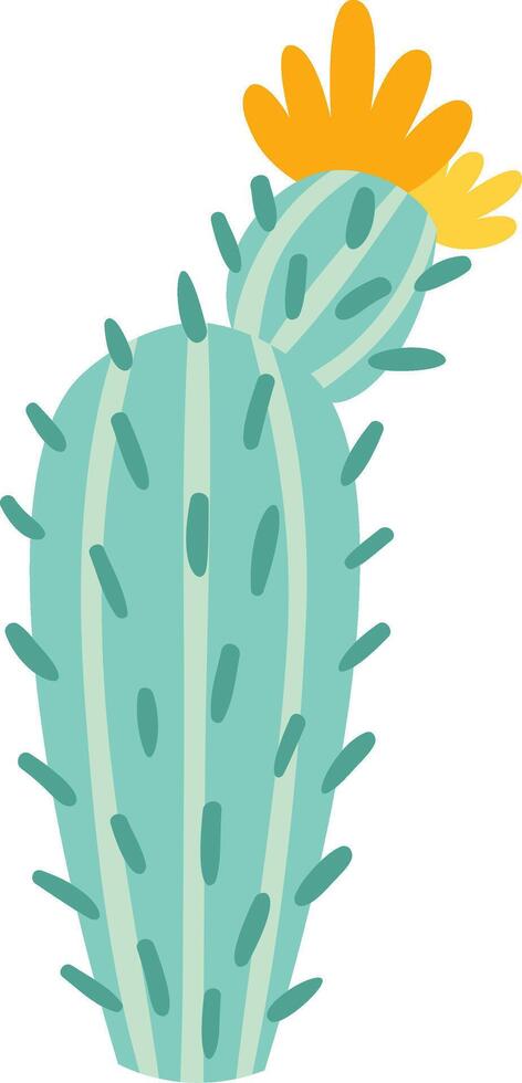 Turquoise cactus featuring vertical stripes and sharp thorns, blooming vibrantly with a large yellow flower atop, set against a clean white background vector