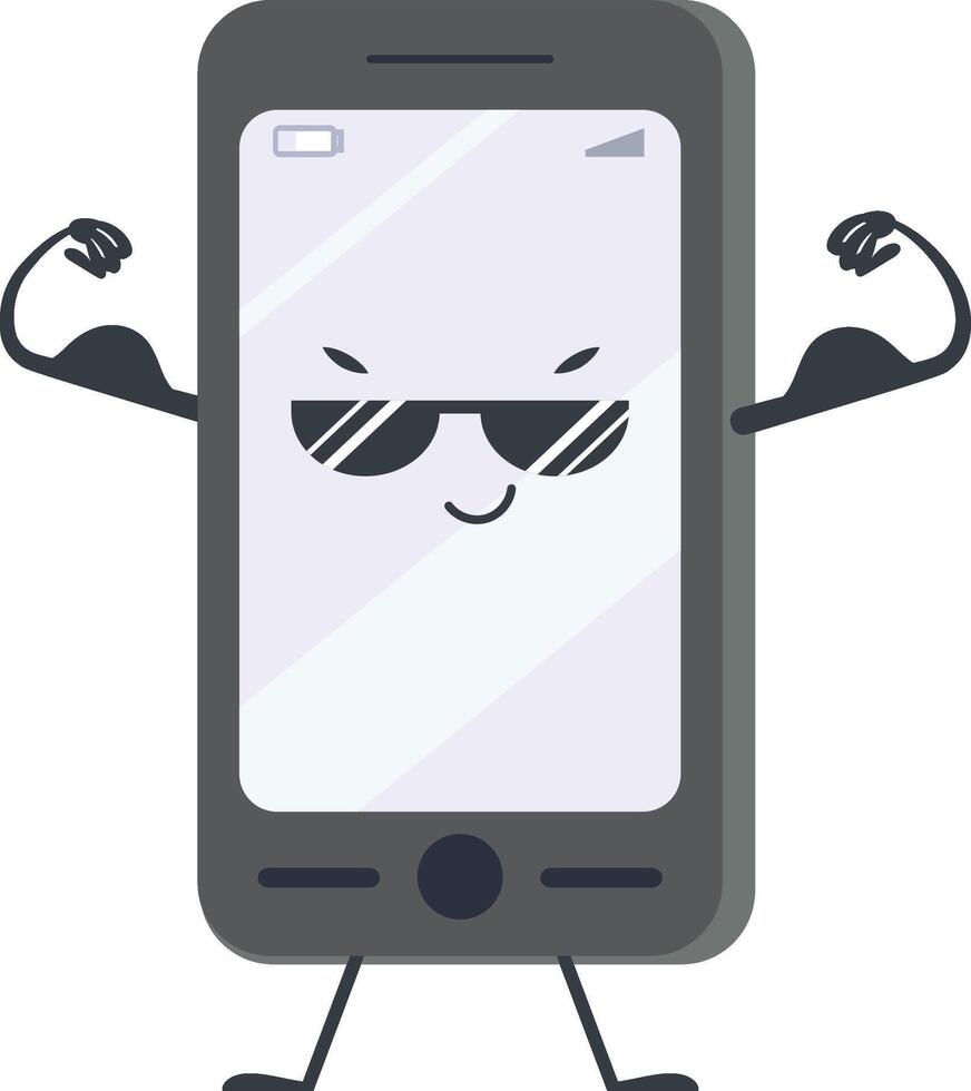 Cartoon smartphone showing muscles and wearing sunglasses, funny and cool mobile phone character flexing biceps, modern communication technology and power concept vector