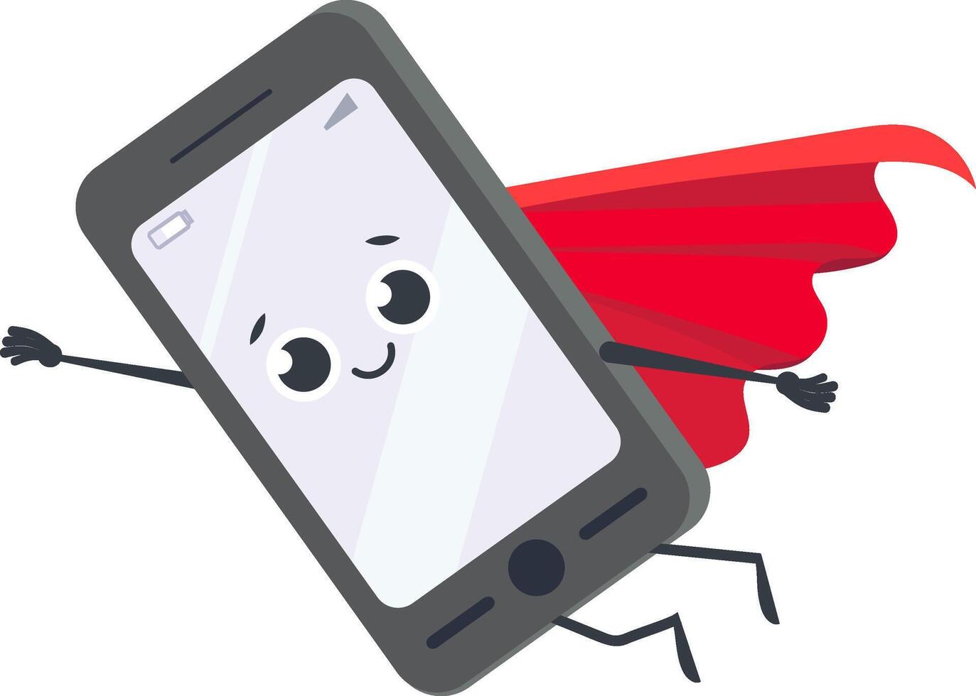 Cartoon smartphone with arms and legs wearing a red cape and flying like a superhero, funny and cute character for technology and communication concepts vector