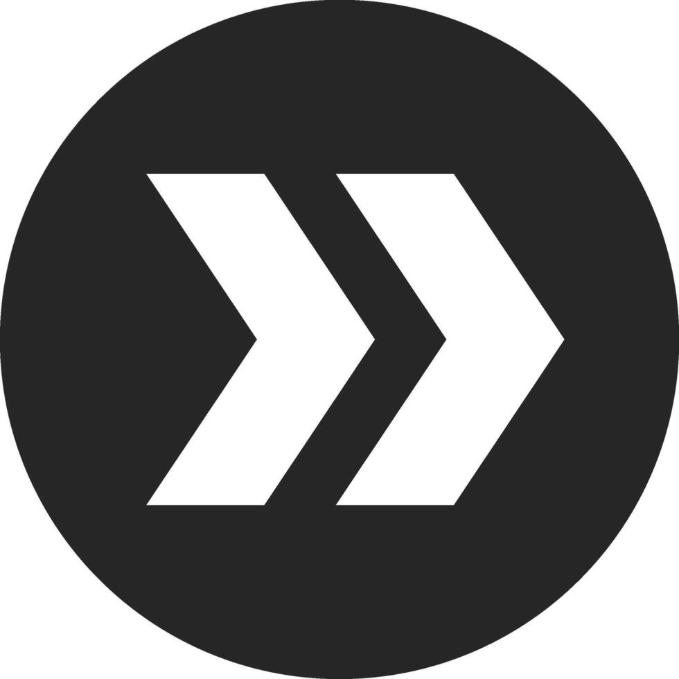 Double white arrows pointing right, featuring a simple forward icon within a black circle, offering a sleek design ideal for apps, websites, and presentations vector