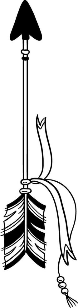 Stylized arrow adorned with feathers and beads, pointing upwards in a hand drawn illustration, perfect for use in logos, tattoos, or as a decorative design element vector