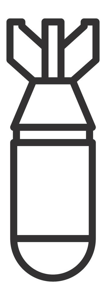 Simple, thick line icon of an aerial bomb falling with deployed stabilizing fins, representing concepts of war, destruction, and military conflict, suitable for various graphic design projects vector