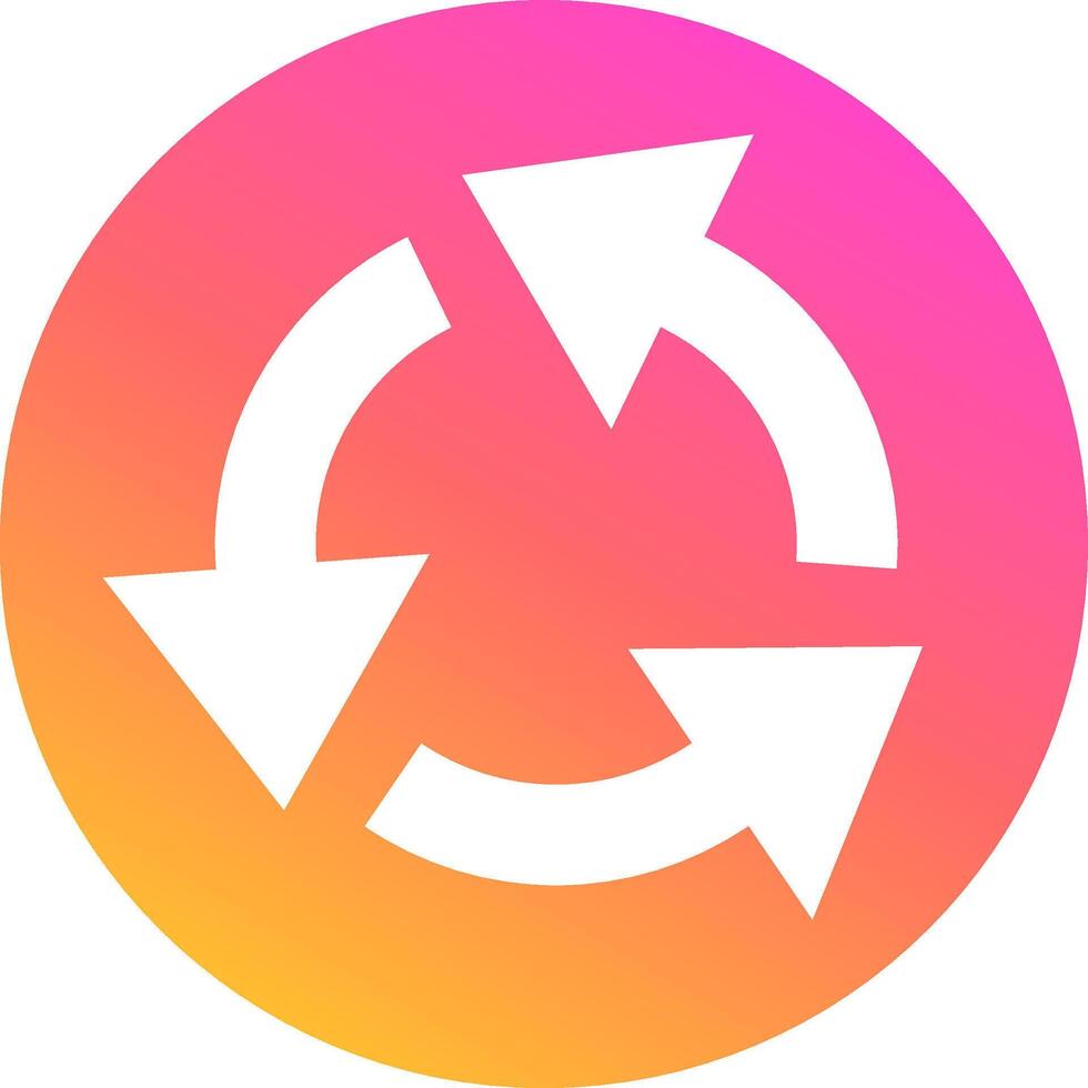 Three white arrows rotating clockwise forming a continuous cycle on a circular gradient background from pink to orange, symbolizing a repeating process vector
