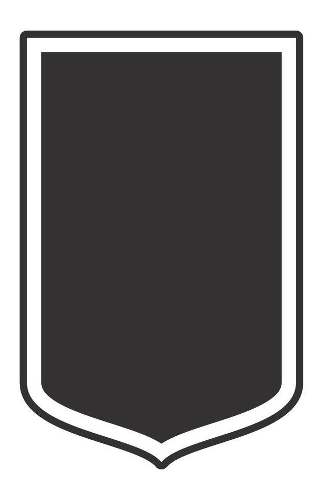 Simple, flat illustration of a blank vertical shield with rounded corners and a pointed base, featuring a white border and a dark gray center, ideal for emblems, logos, or heraldic designs vector