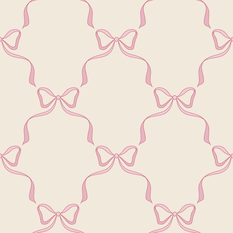 Seamless pattern with pink bows on beige background. Vintage ribbon wallpaper with repeat design. vector