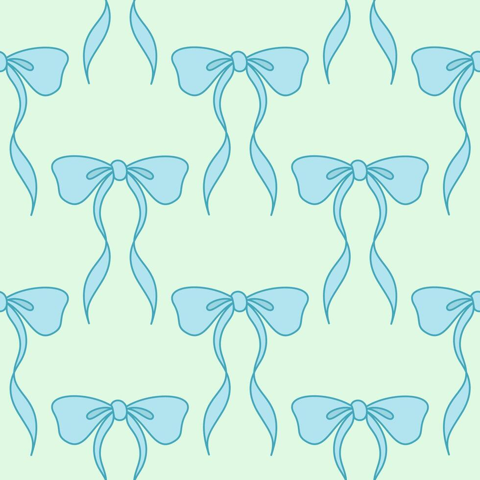 Seamless pattern with blue bows on pastel green background. Vintage ribbons wallpaper with repeat design. vector