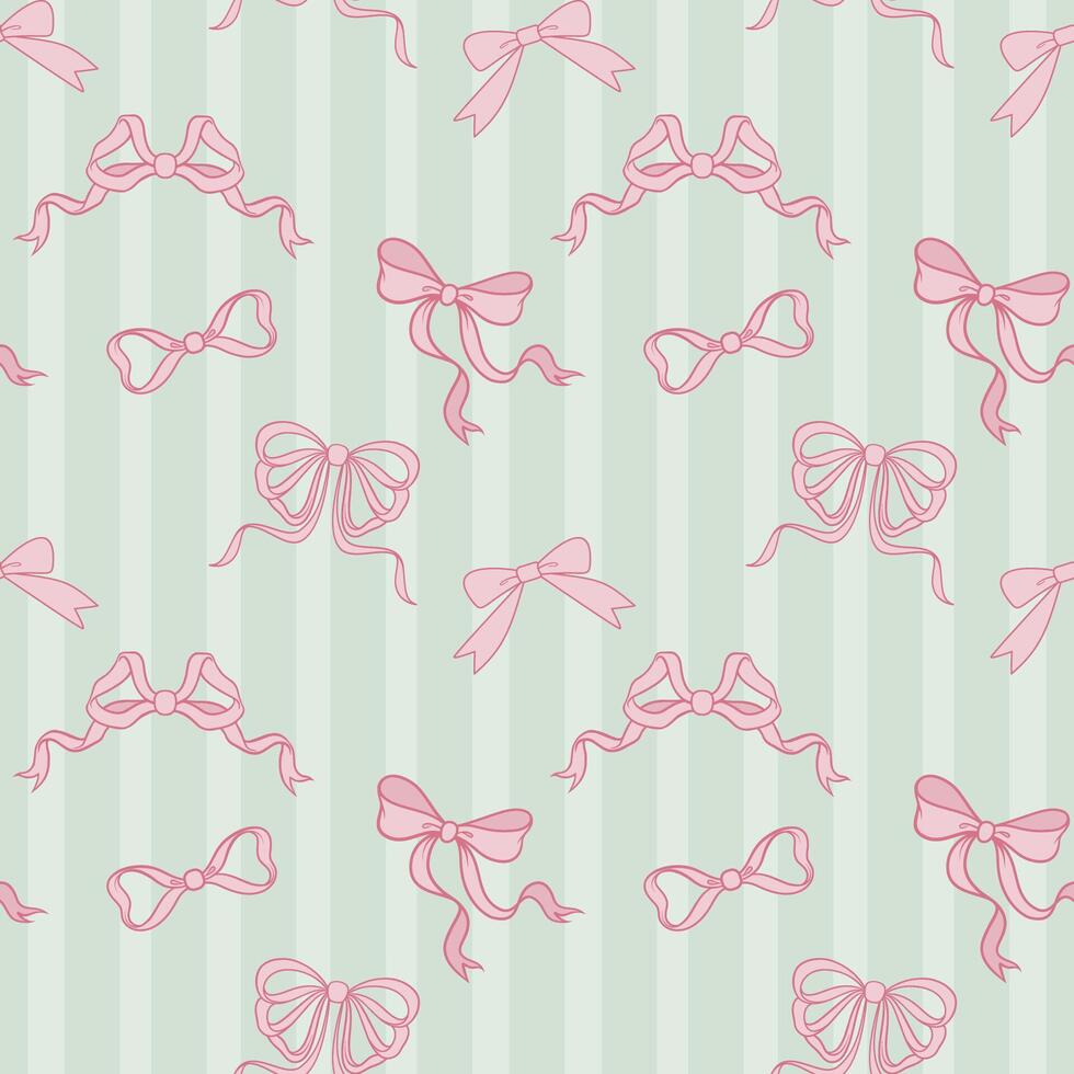 Pink bows on pastel green stripe pattern. Ribbon wallpaper. vector