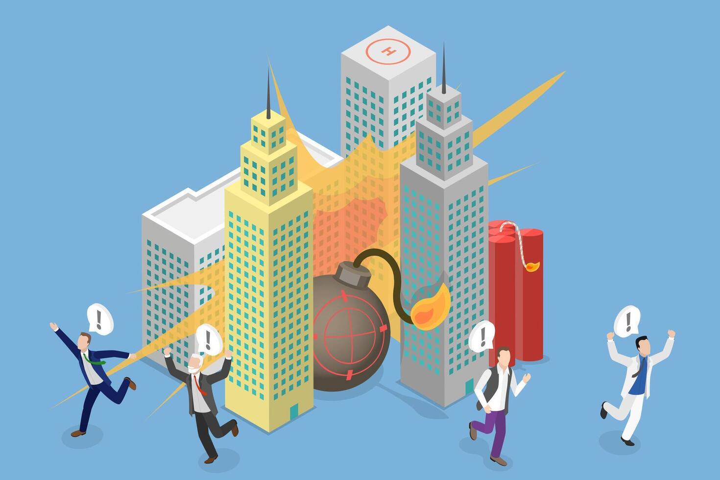 3D Isometric Flat Conceptual Illustration of Terrorism, Destruction with Detonation Equipment, Aggressive Extremist Violence vector