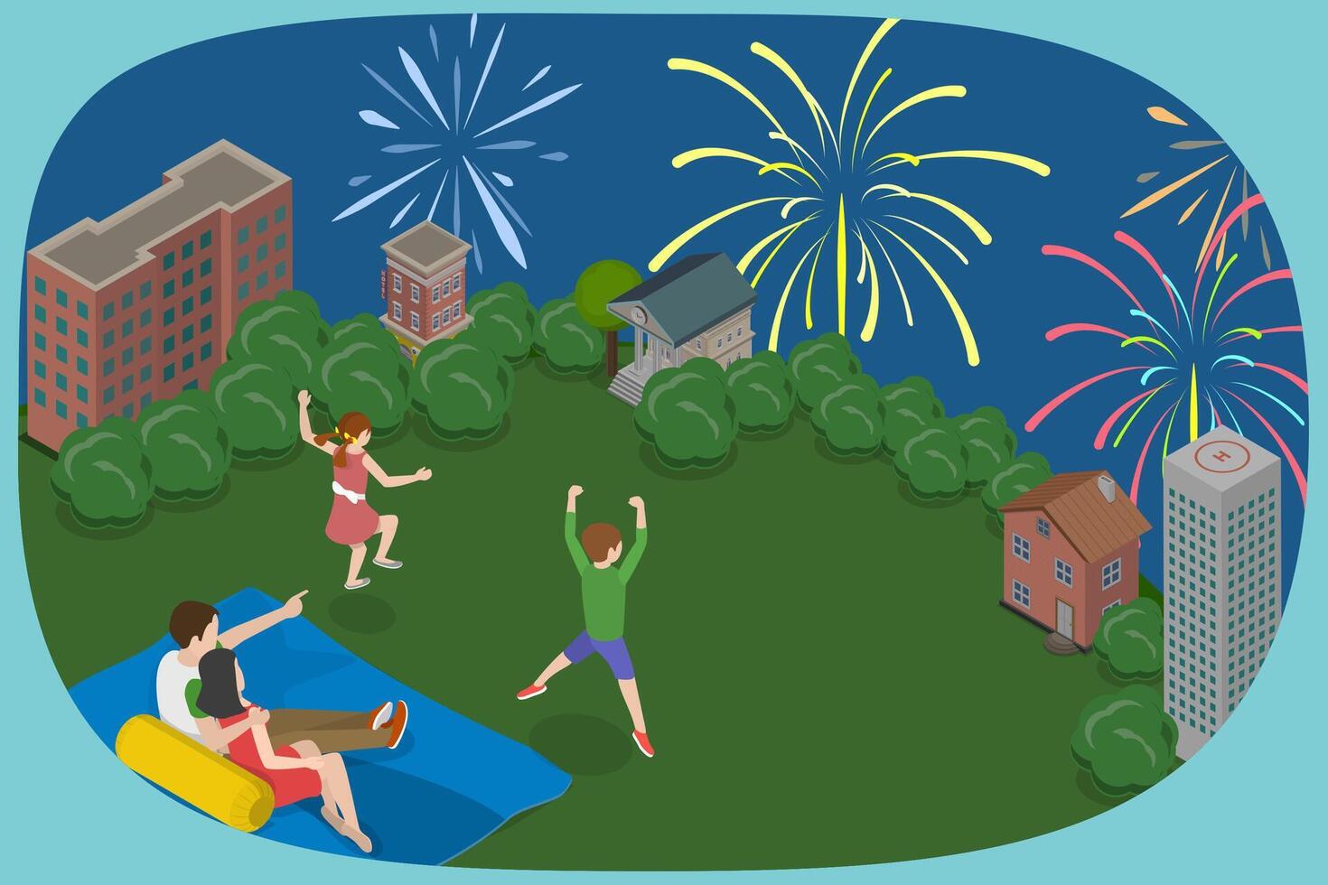 3D Isometric Flat Conceptual Illustration of Festival Fireworks, Evening Rest with Family vector