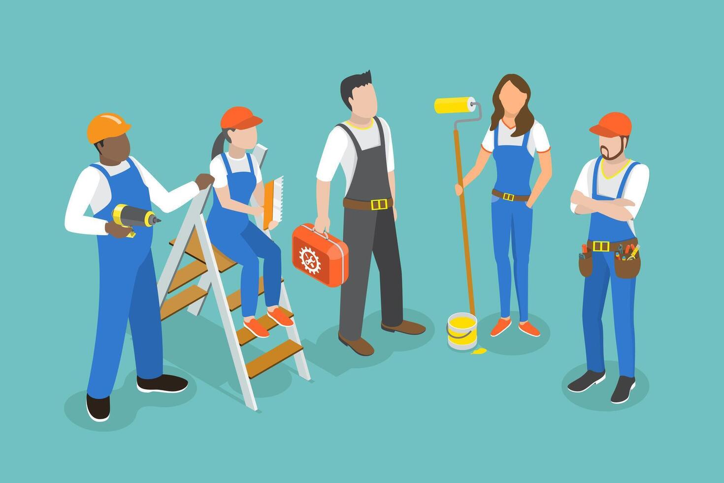 3D Isometric Flat Conceptual Illustration of Team Of Workers , Set of Working Professions vector