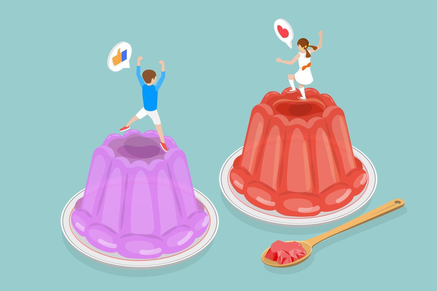 3D Isometric Flat Conceptual Illustration of Jelly, Happy Kid Jumping on Dessert vector
