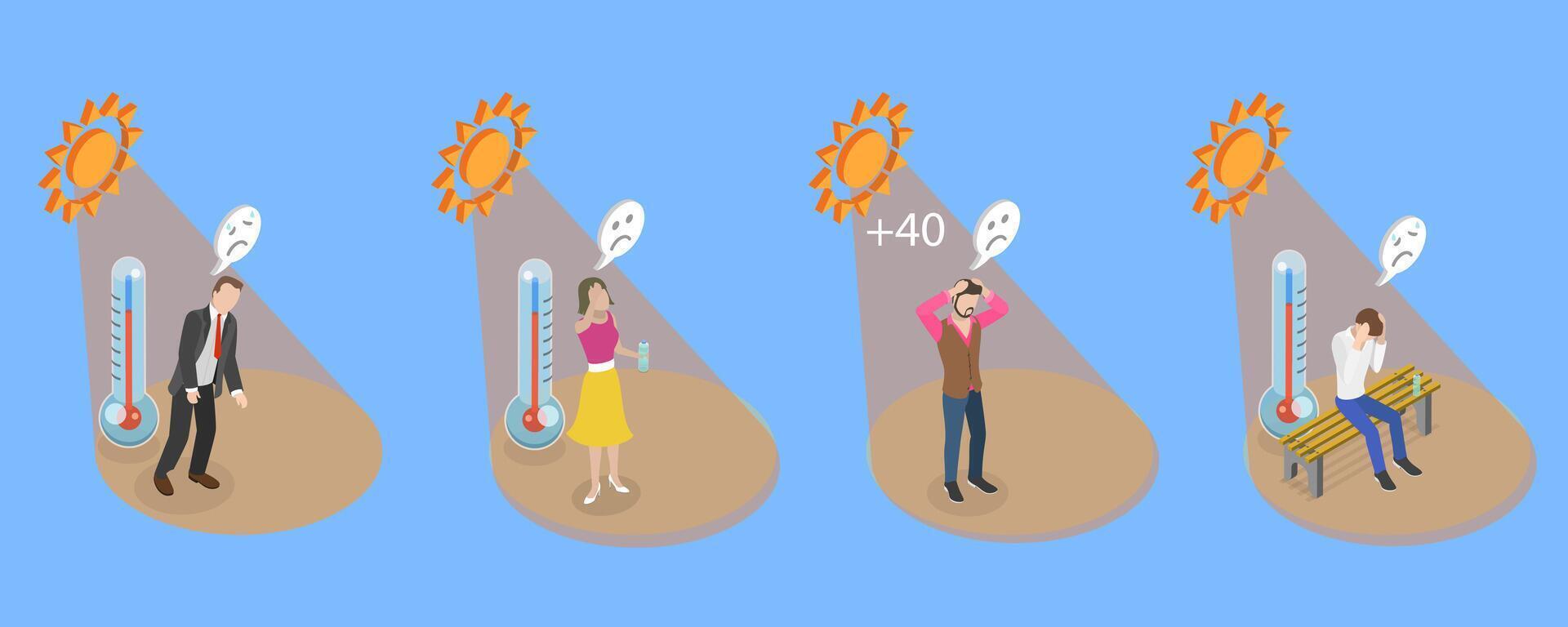 3D Isometric Flat Conceptual Illustration of Heatstroke, Sun Overheating and Dehydration vector