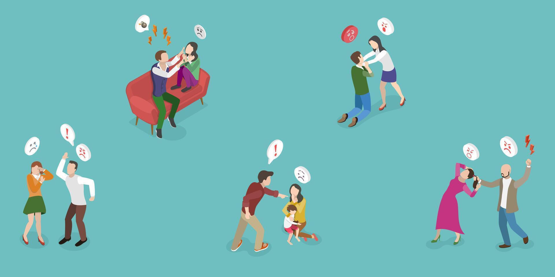 3D Isometric Flat Conceptual Illustration of Domestic Violence, Social Issues, Abuse and Aggression vector