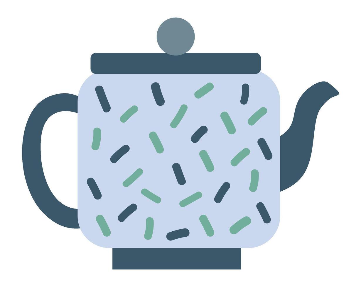 Light blue teapot with dark lid and handle featuring green and dark sprinkles, isolated on a white background, representing teatime, hot drinks, and cozy moments vector