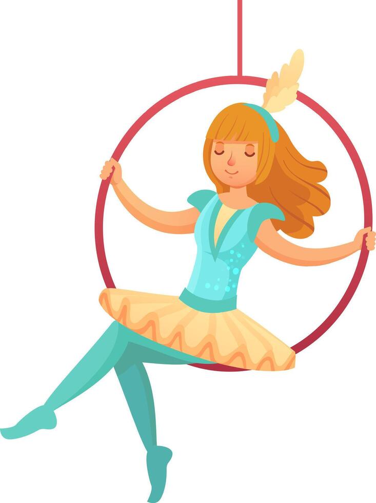 Female circus artist performing an aerial hoop act, displaying remarkable grace and skill in a vibrant, dynamic entertainment environment filled with excitement and joy vector