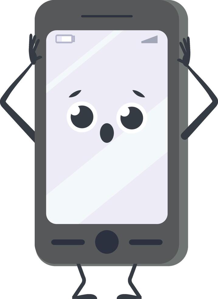 Anthropomorphic smartphone with big surprised eyes and open mouth is holding its head with hands, expressing panic and shock, isolated on white background vector