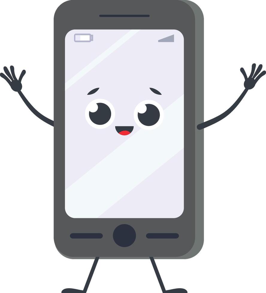 Cartoon smartphone character waving with arms and legs, featuring a cheerful expression, embodying the fun and connectivity of mobile technology vector