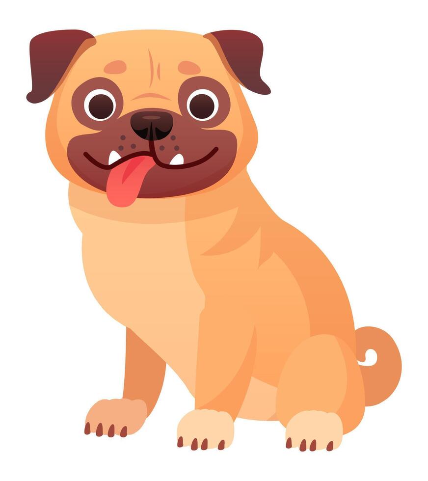 Cute pug dog sitting with tongue out, happy and playful canine pet, adorable companion animal with friendly expression, isolated on white background vector