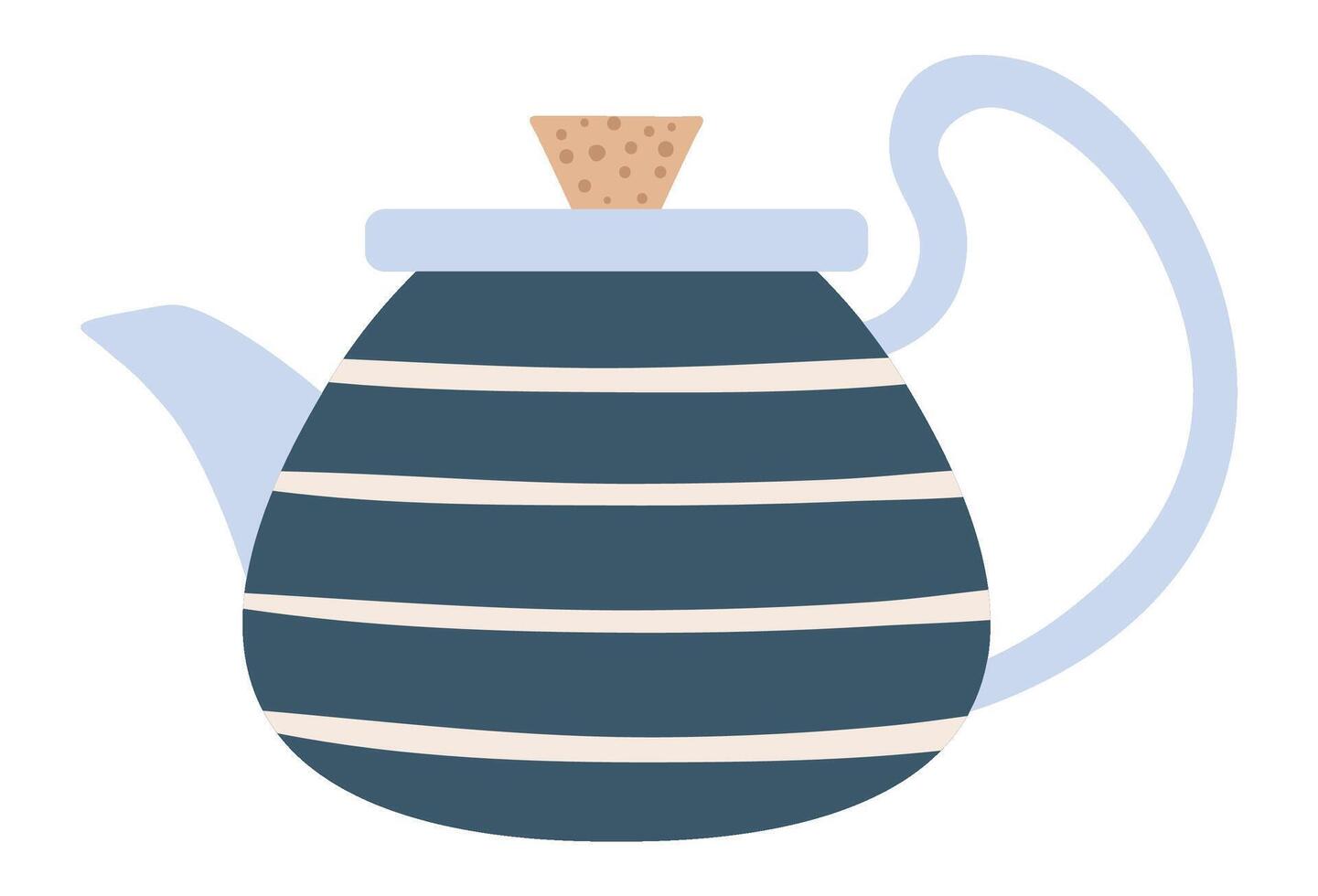 Cozy striped blue teapot with cork stopper, representing teatime, relaxation, and the warmth of a cozy home, perfect for illustrations related to beverages, hospitality, and domestic comfort vector