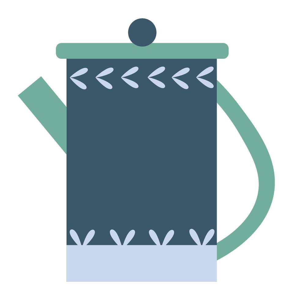 Dark blue coffee pot with a green lid and handle, adorned with light blue leaves, resting on a plain white background, serving as a stylish kitchen utensil for brewing coffee vector