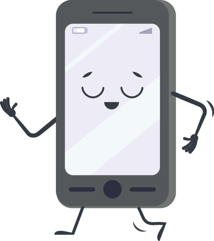 Cartoon smartphone featuring a cheerful, smiling face with closed eyes, arms, and legs, walking playfully while waving hand up, set against a clean white background vector