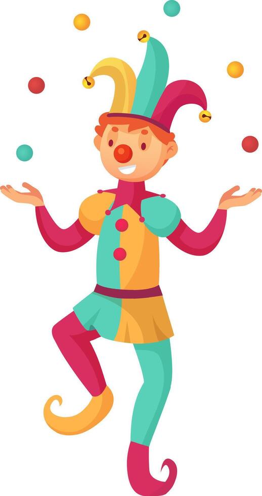 Smiling joker juggling vibrant, colorful balls while dressed in a whimsical costume featuring a pointy hat adorned with bells and curly shoes, entertaining an audience with a lively performance vector
