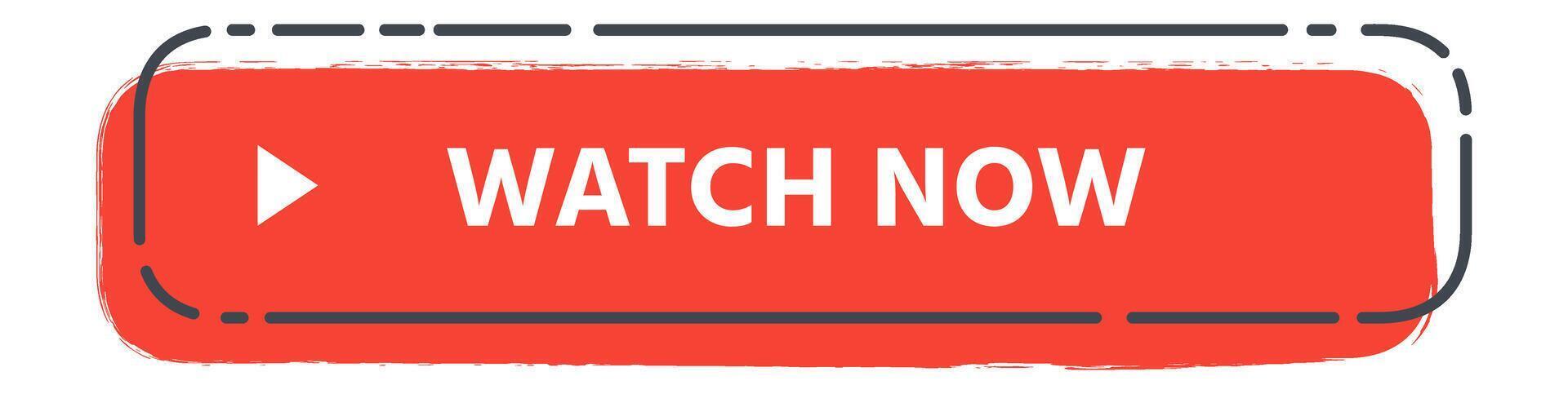 Red rectangular button featuring rounded corners and a prominent play symbol, inviting viewers to engage with content, complemented by the text watch now in white vector