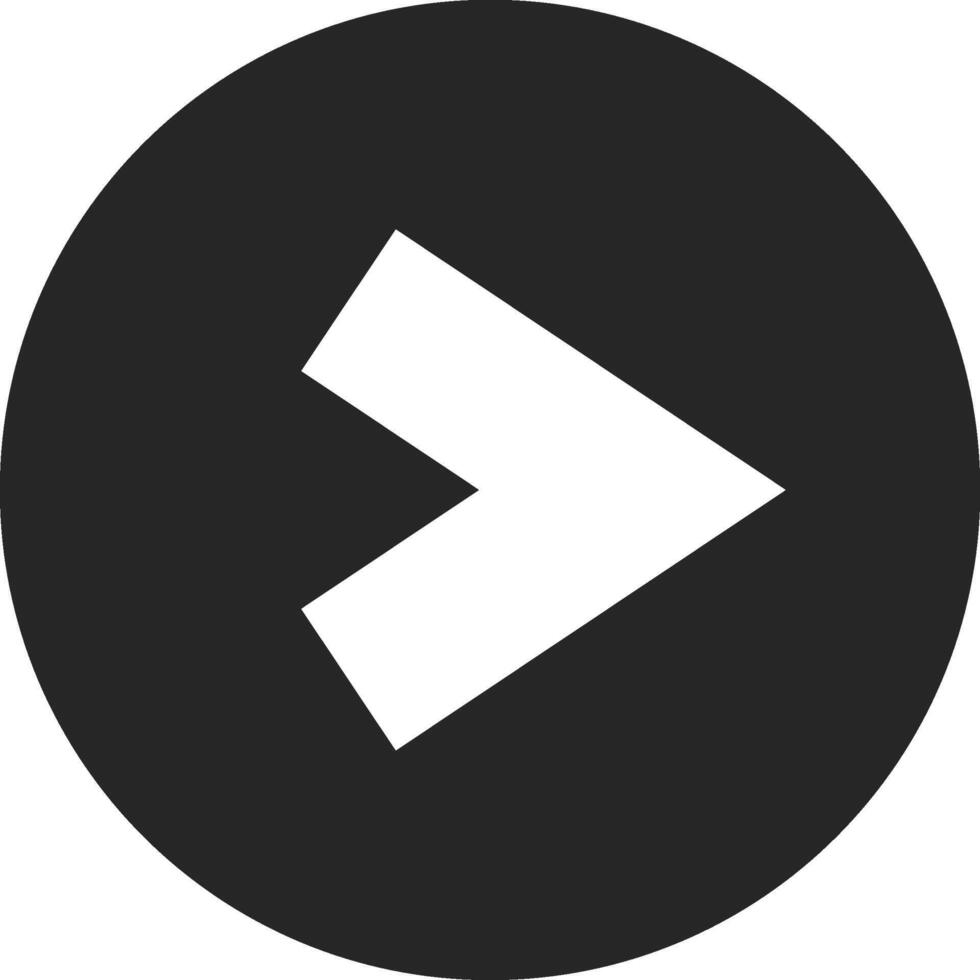 White arrow pointing right in black circle indicating next button, simple icon isolated on white background, forward direction symbol, modern minimalist design vector