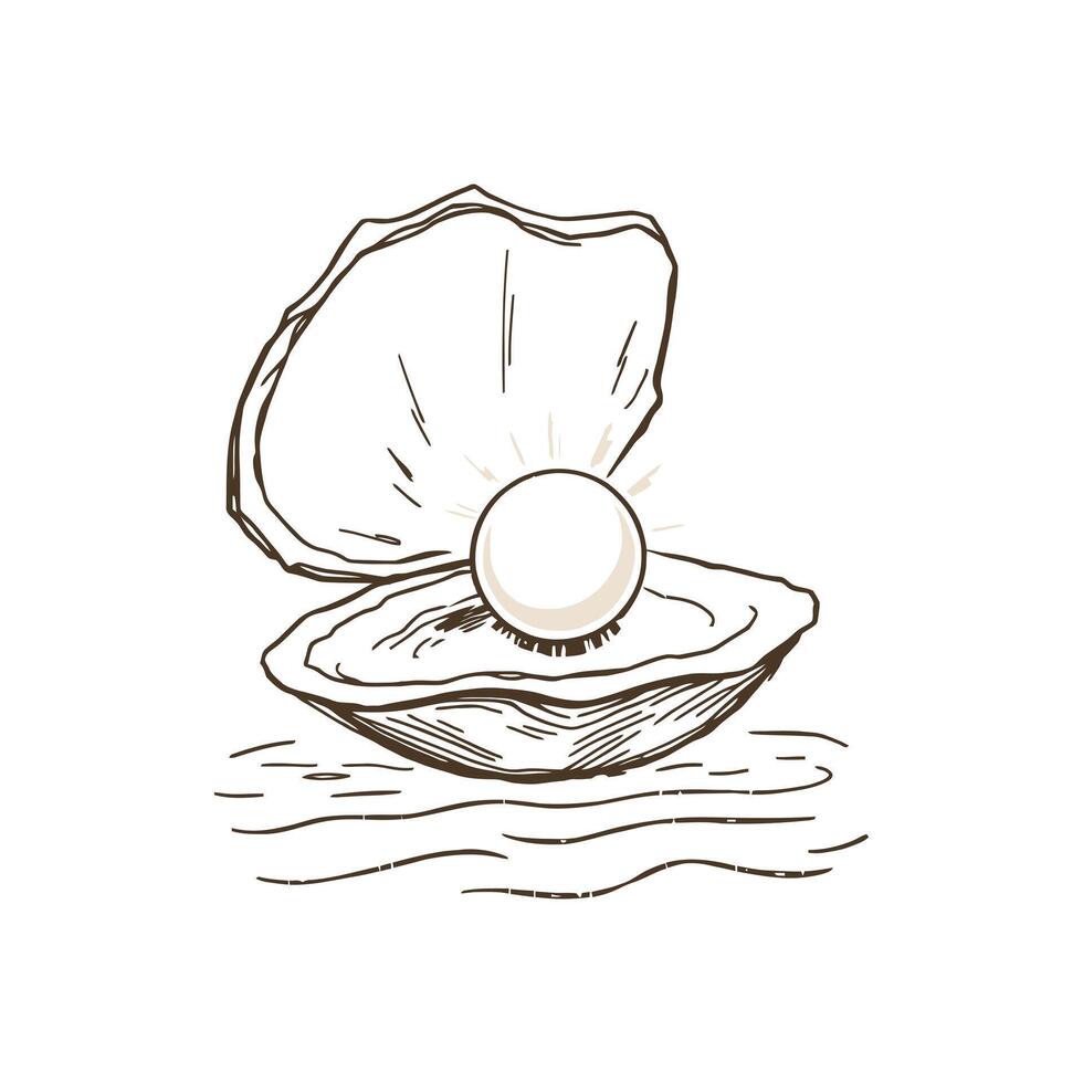 Hand drawn open oyster shell with a precious pearl inside sketch illustration for a marine nature or luxury treasure concept vector