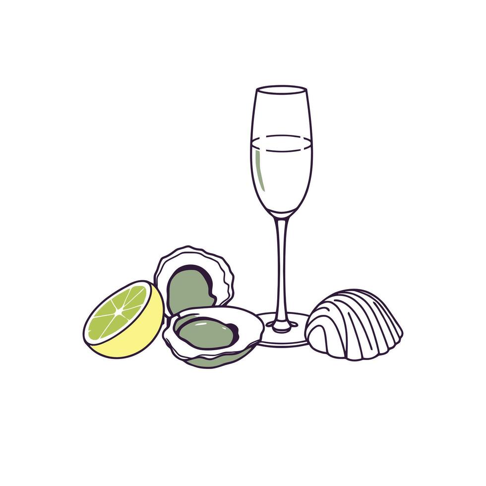 Elegant food pairing of fresh oysters with champagne and lemon illustration for a luxury seafood appetizer or fine dining menu design vector