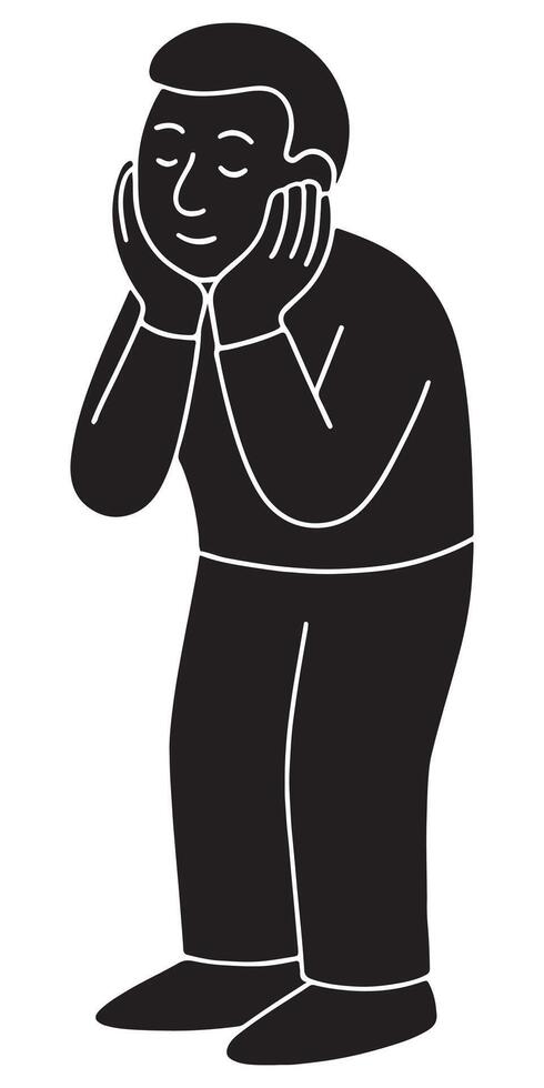 Silhouette of a man placing both palms gently on his cheeks, as if daydreaming vector