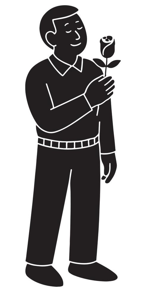 Silhouette of a man holding a rose gently with one hand near his chest, silhouette of man with rose vector