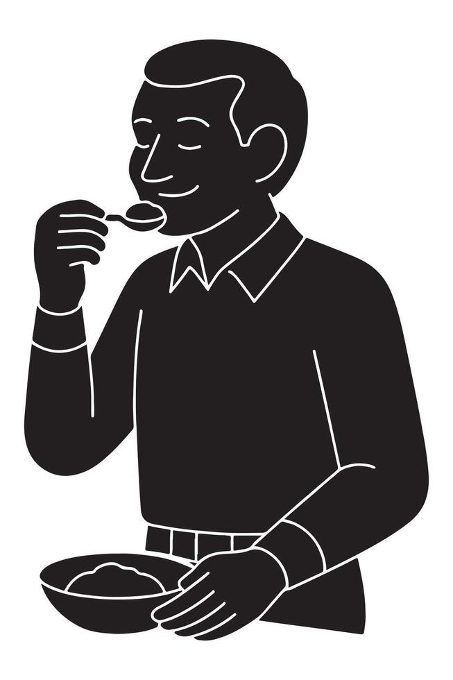 Silhouette of a man eating with a spoon or fork in hand vector