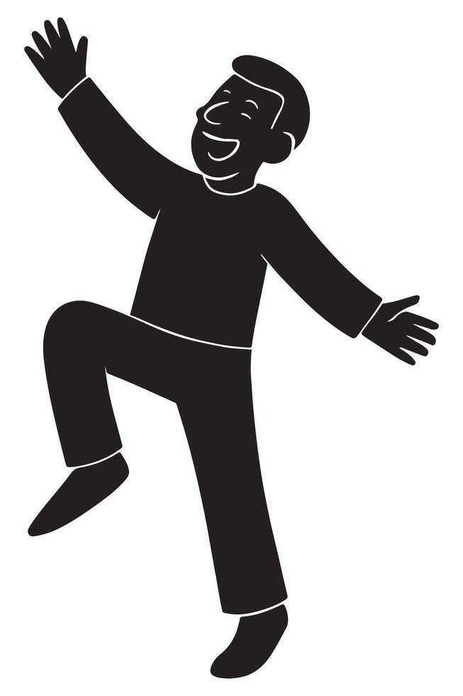 Silhouette of a man balancing on one leg in a playful, exaggerated cheer vector