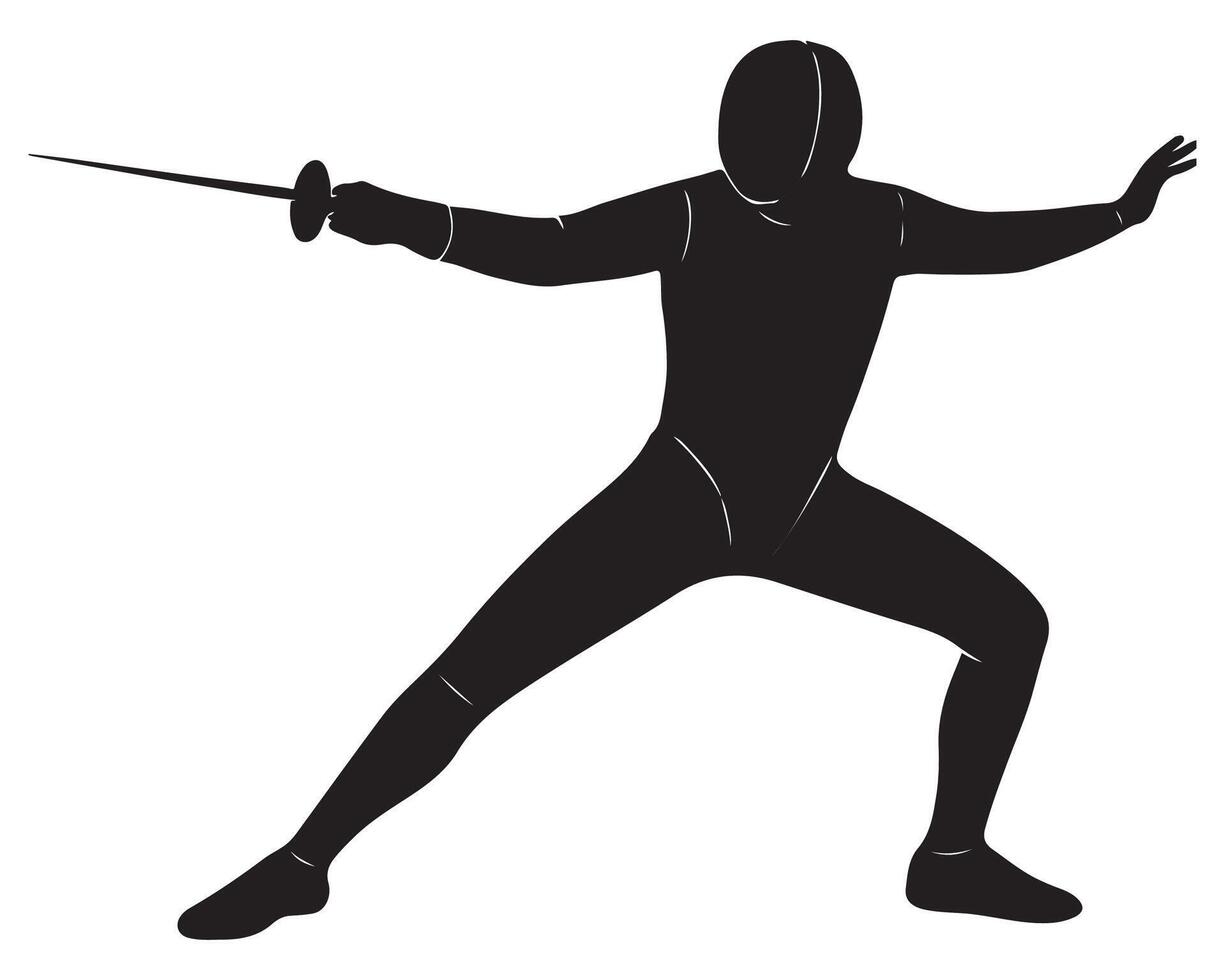 Silhouette of a man in a fencing pose with one arm forward and one leg bent vector