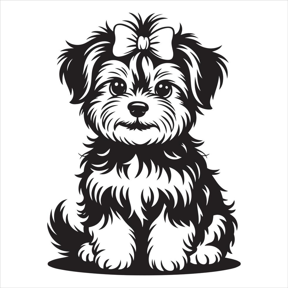 Cute Maltese Puppy with Bow in Black and White Silhouette vector